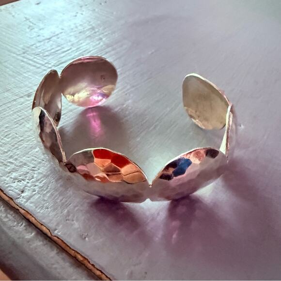 925 Sterling Silver Hammered Circles Cuff Bracelet - Picture 5 of 8